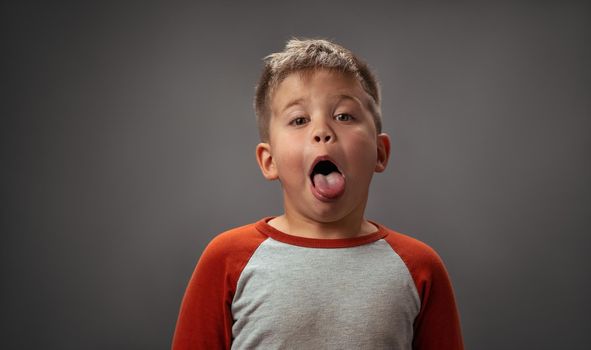 Preschool boy shows his tongue to camera. Portrait of funny kid on gray background. Emotions concept