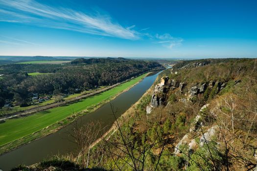 View from the bastei viewpoint of the Elbe river - beautiful landscape scenery of Sandstone mountains in Saxon Switzerland National Park, Germany