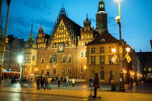 WROCLAW, POLAND-April 8, 2019:Night view of the Wroclaw Market Square with the town Hall.Europe