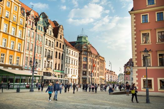 WROCLAW, POLAND-April 8, 2019: View of the Market Square in the Old Town of Wroclaw. Wroclaw is the historical capital of Lower Silesia