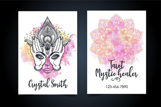 Fortune teller, spiritual coach, mystic healer business card design template. Vector illustration.