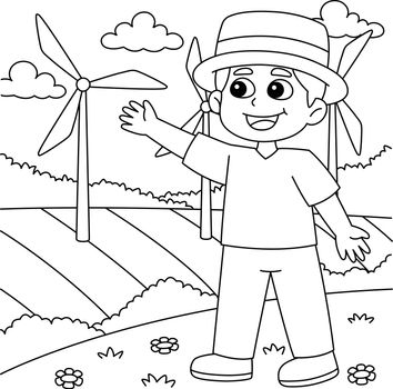 Boy Showing a Windmill Coloring Page for Kids