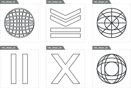 Set of Y2K style vectors of objects. Trendy geometric postmodern figures. Flat minimalist icons.