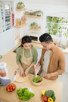 Loving joyful young couple embracing and cooking together, having fun in the kitchen