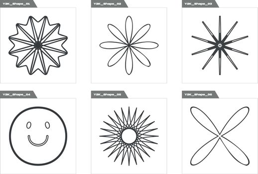 Vector set of Y2K. Retro futuristic graphic ornaments. Templates for notes, posters.