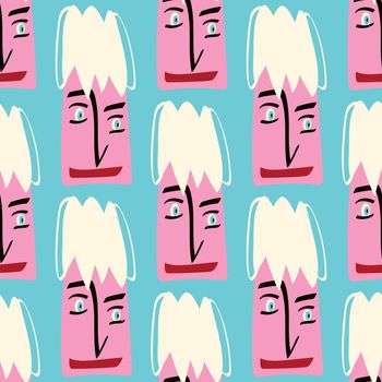 Pattern with Funky freaky cute face in modern doodle style