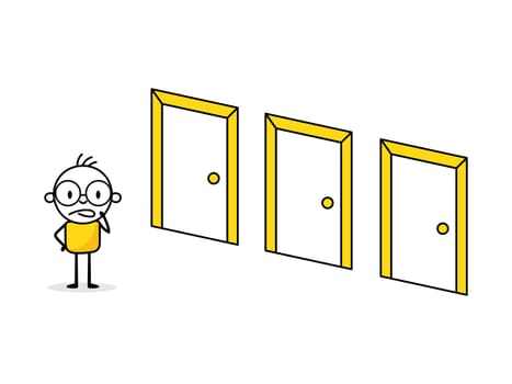 Man looking at doors and think to choose the right door. Business decision making, decide for new job or select important chance, right or wrong decision concept. Vector illustration