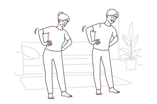 Happy mature couple do gymnastics at home. Healthy energetic elderly people training together indoors. Sport and physical activity. Vector illustration.