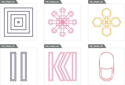 Collection of Y2K elements. Extraordinary Graphic Assets. Templates for notes, posters.