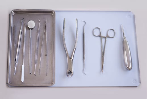 The tools of the dentistry trade. a variety of dentists tools lying on a tray.