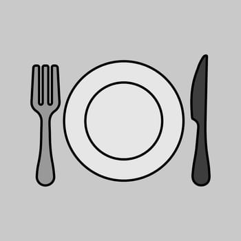 Dinner plate, knife and fork vector icon