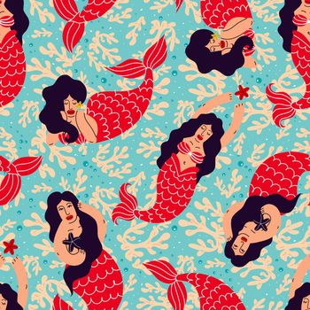 Seamless pattern with brunette mermaids and corals on a blue background