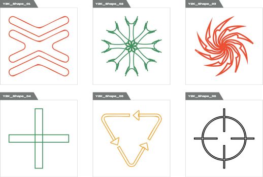 Vector set of Y2K. Big collection of abstract graphic geometric symbols. Templates for notes, posters.