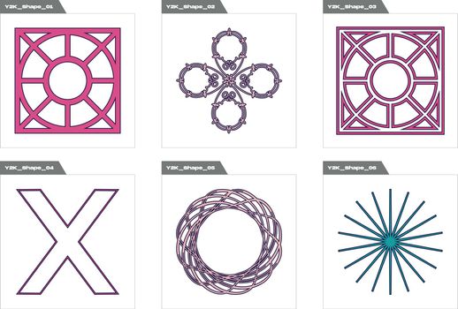 Set of Y2K style vectors of objects. Retro futuristic graphic ornaments. Templates for notes, posters.