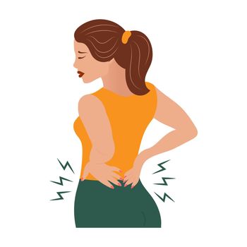 Sad young woman with back pain. The concept of health and medicine.