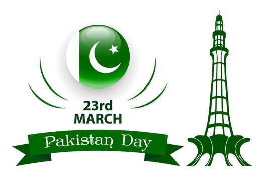 Pakistan Day banner, March 23. The minaret of Pakistan and the flag of Pakistan on a white background.