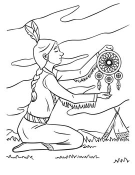 Native American Indian Girl Dreamcatcher Coloring