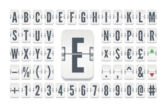 White airline flip board alphabet for countdown or stock exchange rates. Vector illustration of airport terminal mechanical scoreboard font to display flight departure or finance info