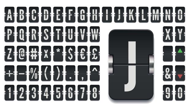 Black scoreboard alphabet font with numbers for stock exchange rates information or advertising message. vector illustration.