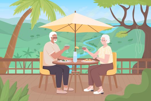 Older couple on tropical resort flat color vector illustration