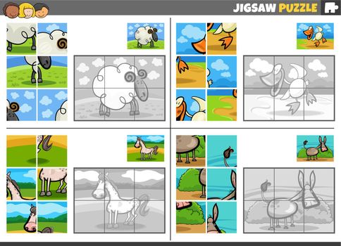 Cartoon illustration of educational jigsaw puzzle games set with farm animals