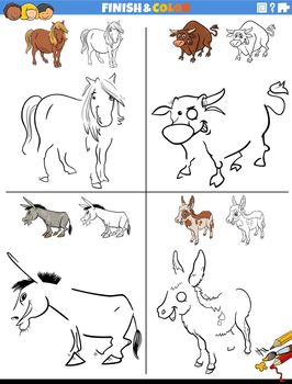 Cartoon illustration of drawing and coloring educational worksheets set with funny farm animals