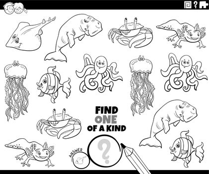 one of a kind task with cartoon marine animals coloring page