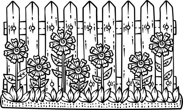 Fence with Flower Spring Coloring Page for Adults