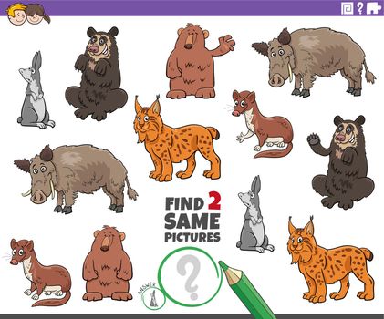Cartoon illustration of finding two same pictures educational task with comic wild animal characters