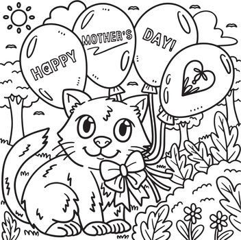 Happy Mothers Day Cat And Balloons Coloring Page