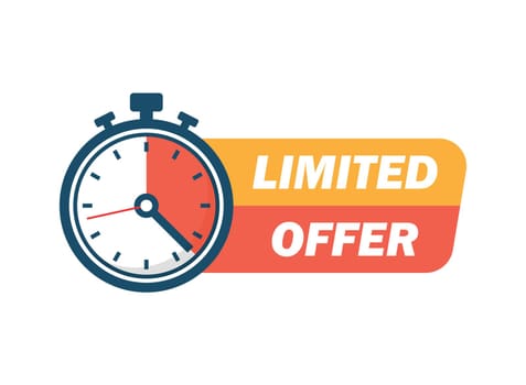 Limited offer icon in flat style. Promo label with alarm clock vector illustration on isolated background. Last minute chance sign business concept.