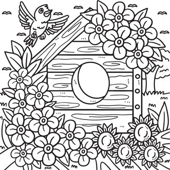 Spring Bird House With Flowers Coloring Page