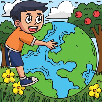 Earth Day Child Embracing Earth Colored Cartoon