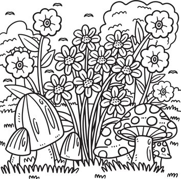Spring Mushrooms and Flowers Coloring Page