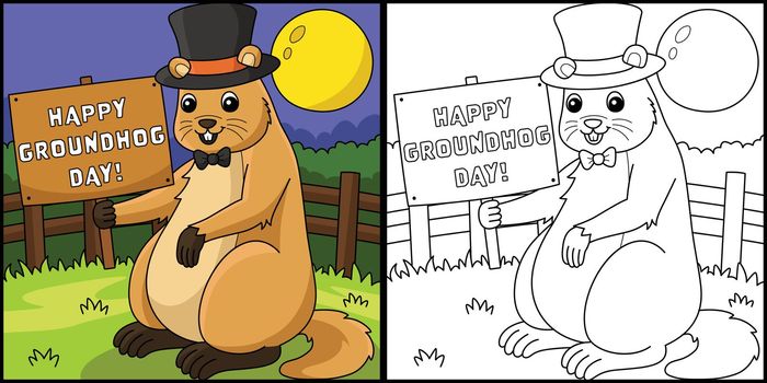 Groundhog with Hat Coloring Page Illustration