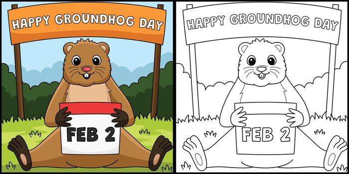 Groundhog Holding Calendar Coloring Illustration
