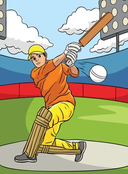 Cricket Sports Colored Cartoon Illustration