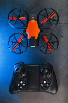 Quadcopter drone with joystick control and blue neon backlight