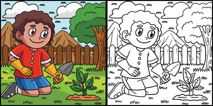 Earth Day Boy Planting Coloring Page Illustration