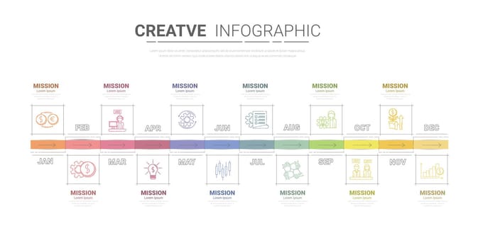 Timeline business for 12 months, Infographics element design and Presentation.