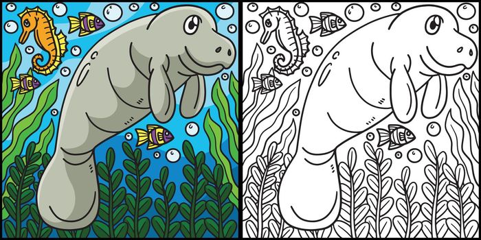 Manatee Coloring Page Colored Illustration