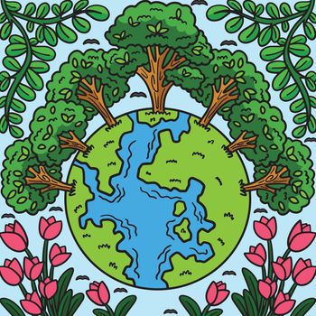 Earth Day Trees Crowning Earth Colored Cartoon