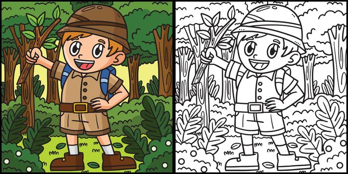 Earth Day Boy in Forest Coloring Page Illustration
