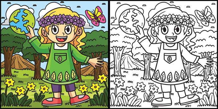 Earth Day Girl In Forest Coloring Illustration