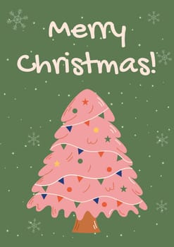 Groovy Christmas card with christmas tree. Christmas and New Year celebration concept. Good for greeting card, invitation, banner, web design