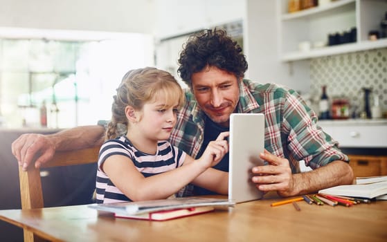 Getting homework done on time. a father helping his daughter complete her homework on a digital tablet.