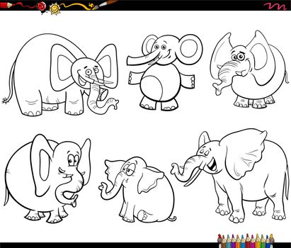 Black and white cartoon humorous illustration of elephants animal characters set coloring page