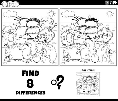 differences game with cartoon hedgehogs coloring page