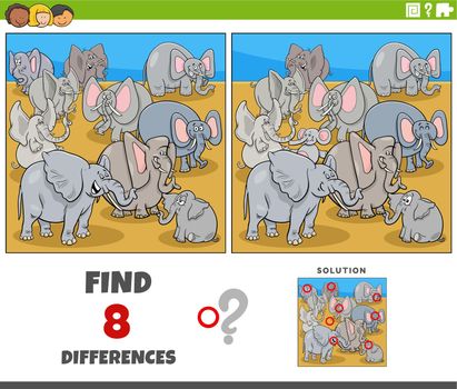 differences game with cartoon elephants characters