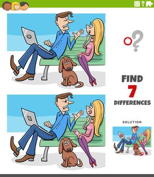 differences game with cartoon couple in the park with dog